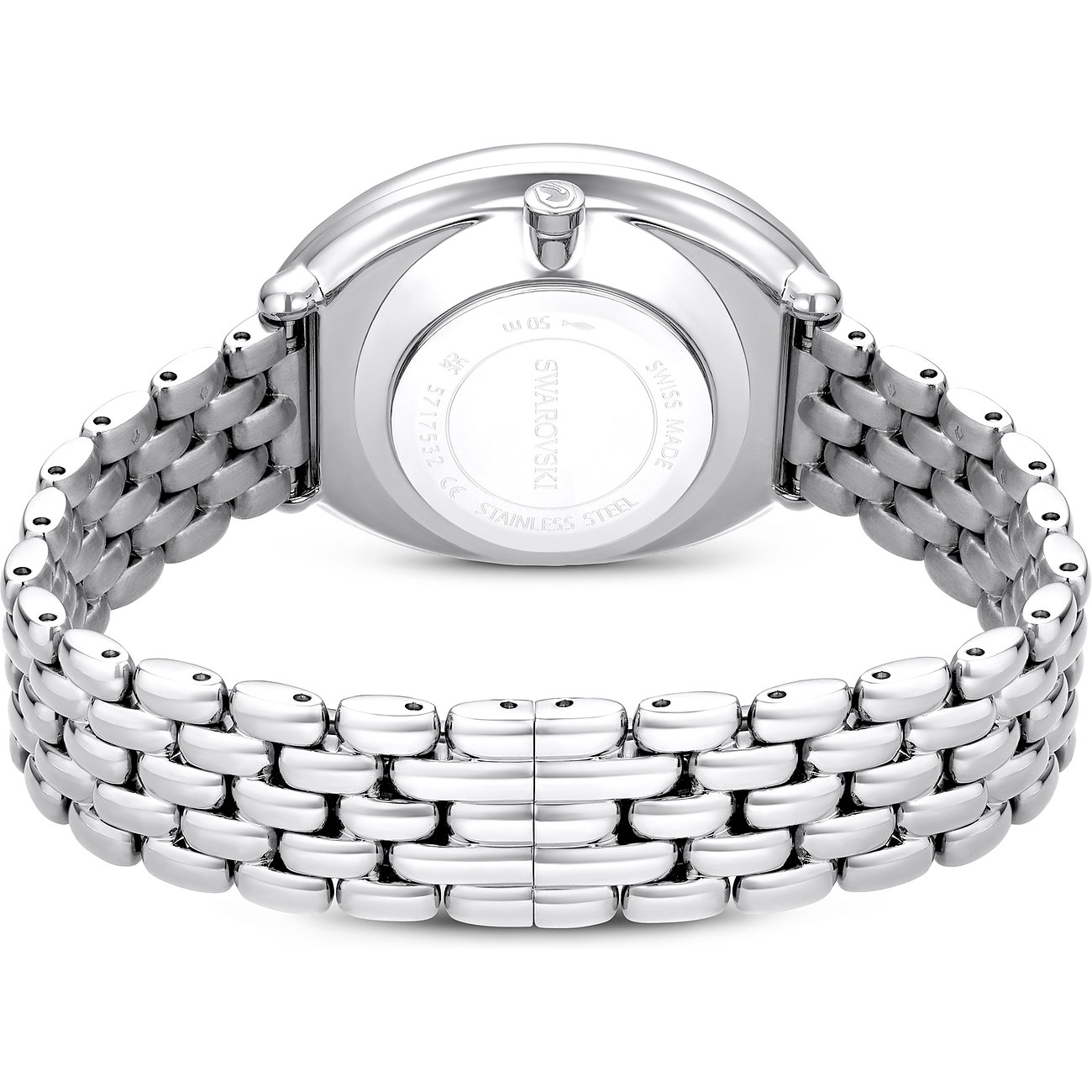 Rückseite einer glänzenden Swarovski Unisexuhr aus silberfarbenem Metall mit feingliedrigem Armband u. graviertem Gehäuseboden