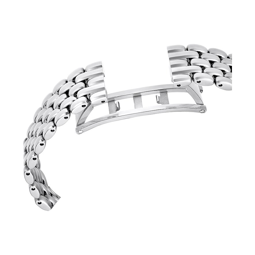 Nahaufnahme eines silberfarbenen Gliederarmbands aus Metall für eine Swarovski Unisexuhr mit offener Faltschließe.
