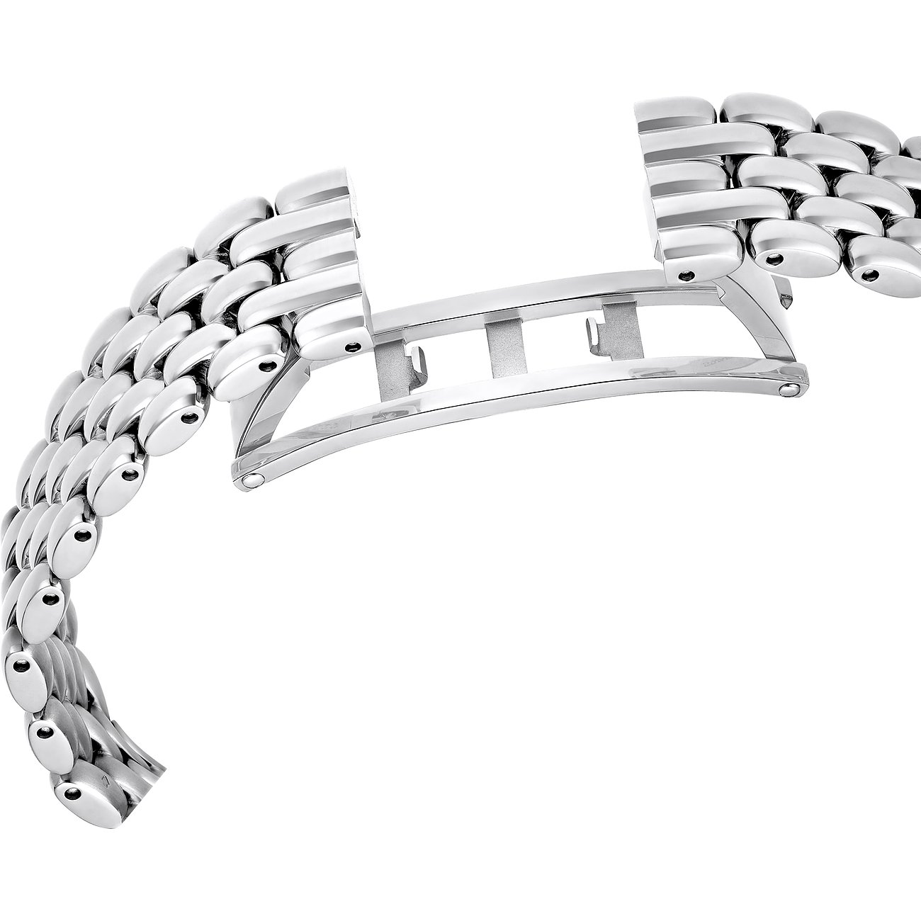 Nahaufnahme eines silberfarbenen Gliederarmbands aus Metall für eine Swarovski Unisexuhr mit offener Faltschließe.