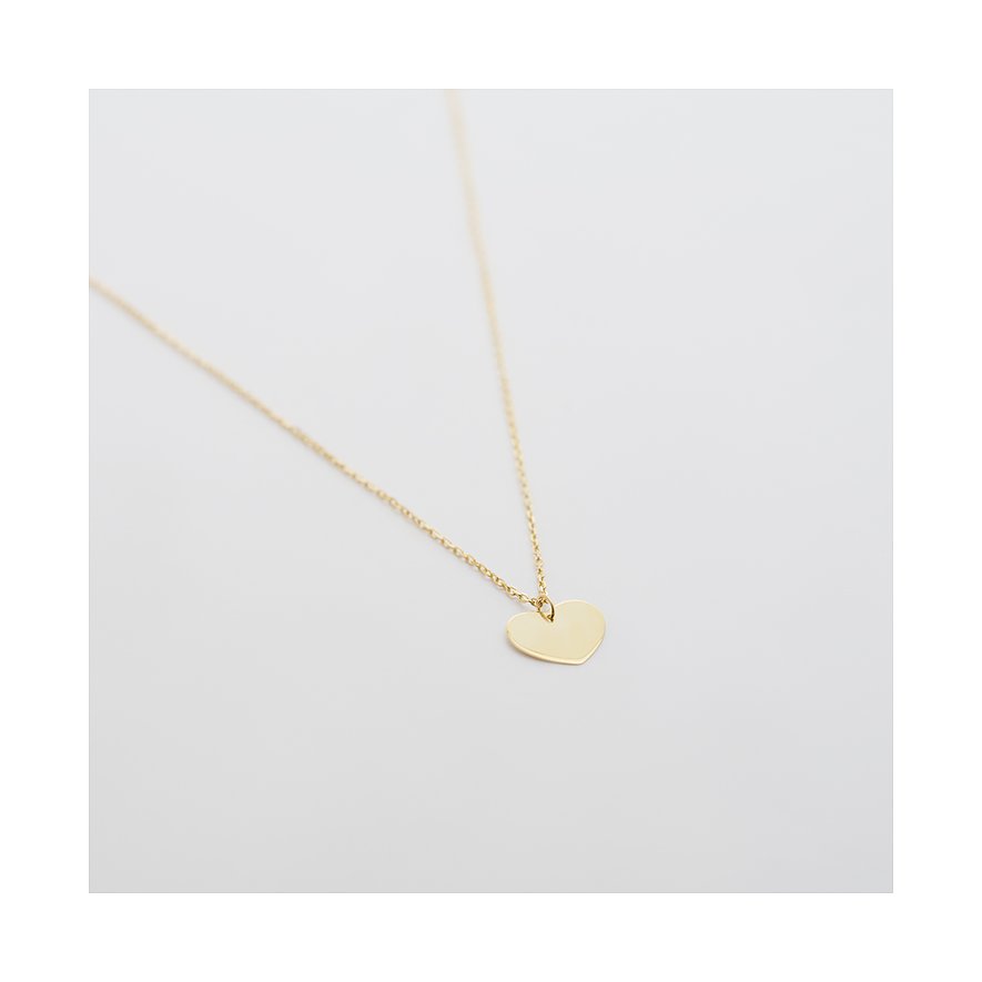 FAVS Halsschmuck: Zarte Gelbgoldkette mit glänzendem Herz-Plättchen, schwebend über weissem Hintergrund.