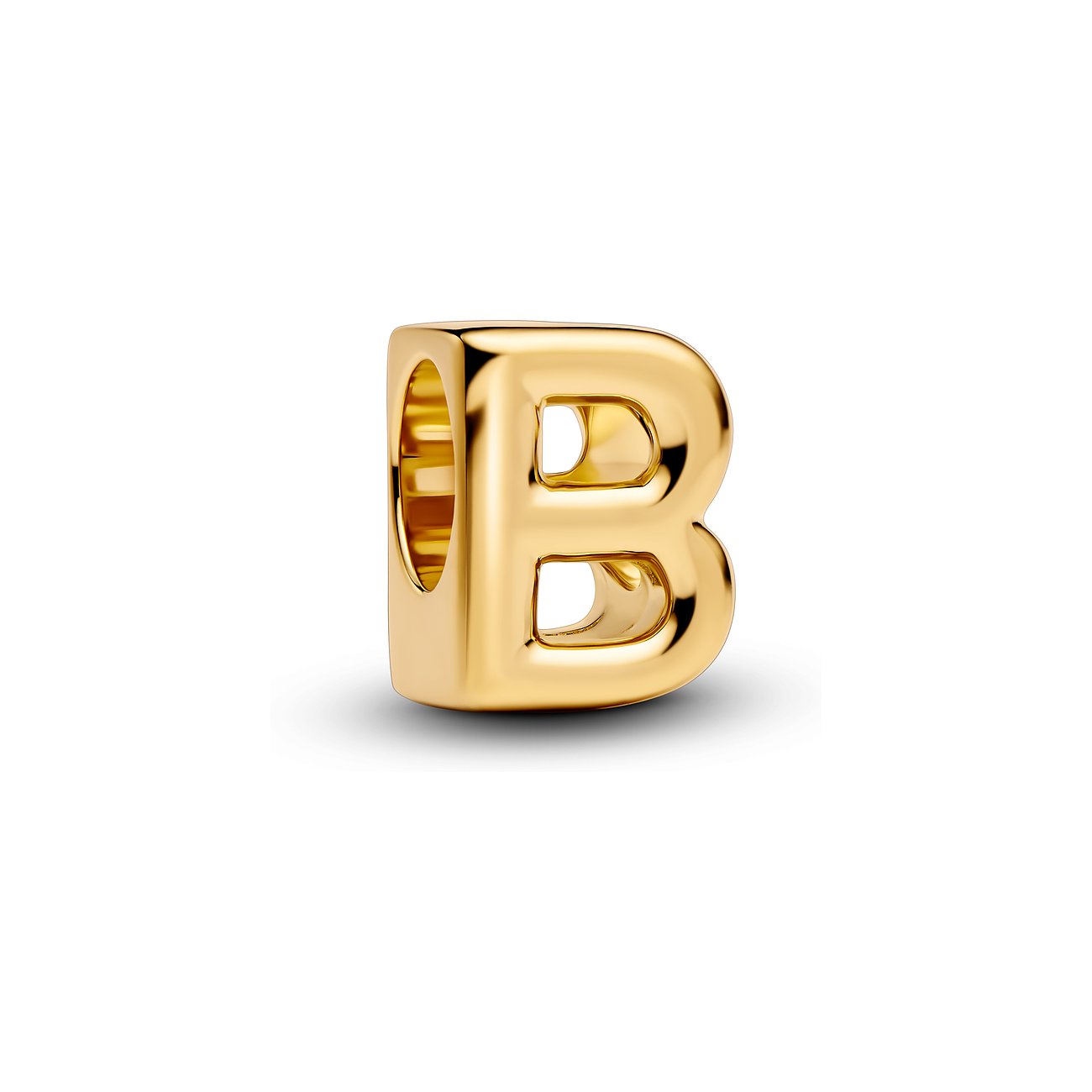 Pandora Anhängeschmuck Buchstabe B aus goldfarbenem Metall, glänzende Oberfläche, Vorderansicht.