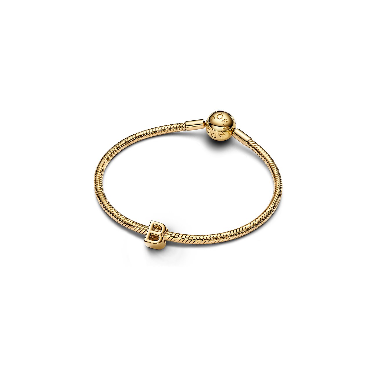 Pandora Schlangenkette (goldfarben) mit Logo-Verschluss und passendem goldfarbenen „B“-Anhänger.