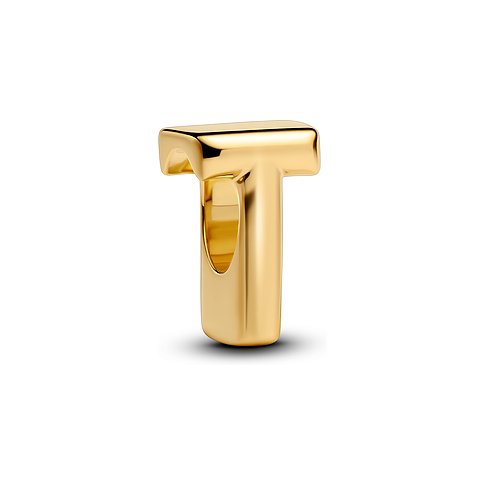 Ein Pandora T-förmiger Anhänger aus glänzendem goldfarbenem Metall, der aufrecht steht.