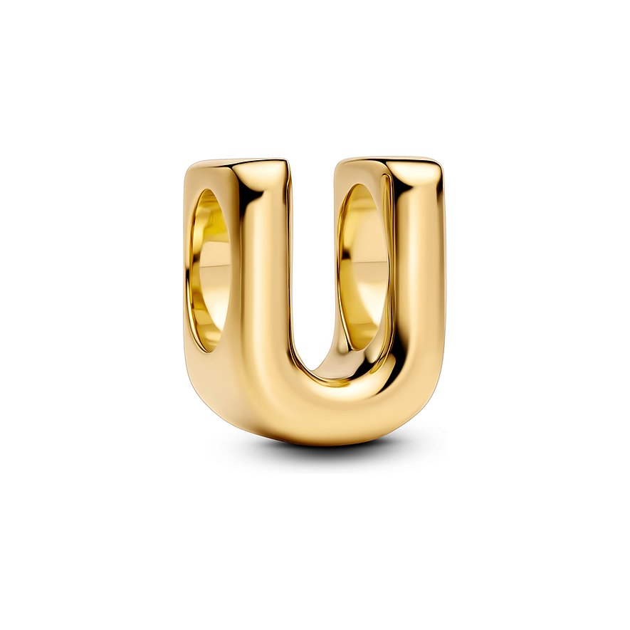 Ein glänzender goldfarbener Pandora Anhängerschmuck aus Metall in der Form des Buchstabens „U“.