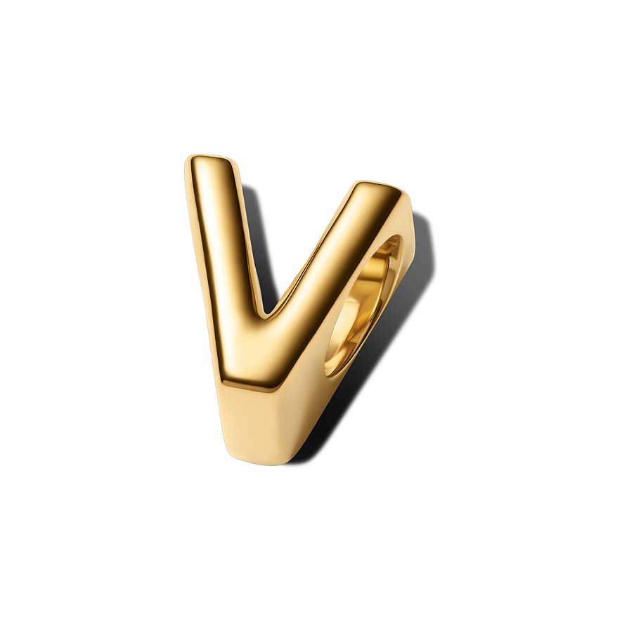 Pandora Anhängeschmuck in Form des Buchstabens „V“ aus glänzendem, goldenem Metall.