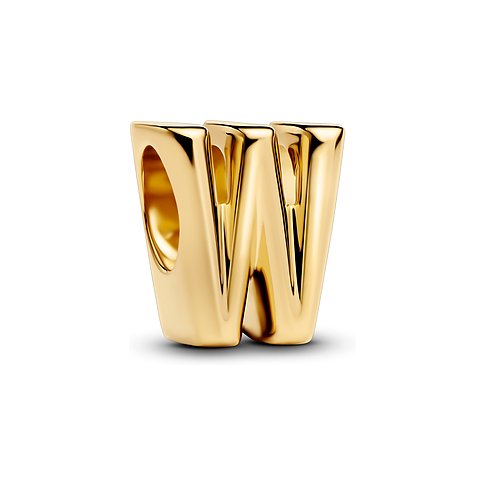 Ein glänzender Pandora Anhängeschmuck in Form des Buchstabens W, aus goldfarbenem Metall.
