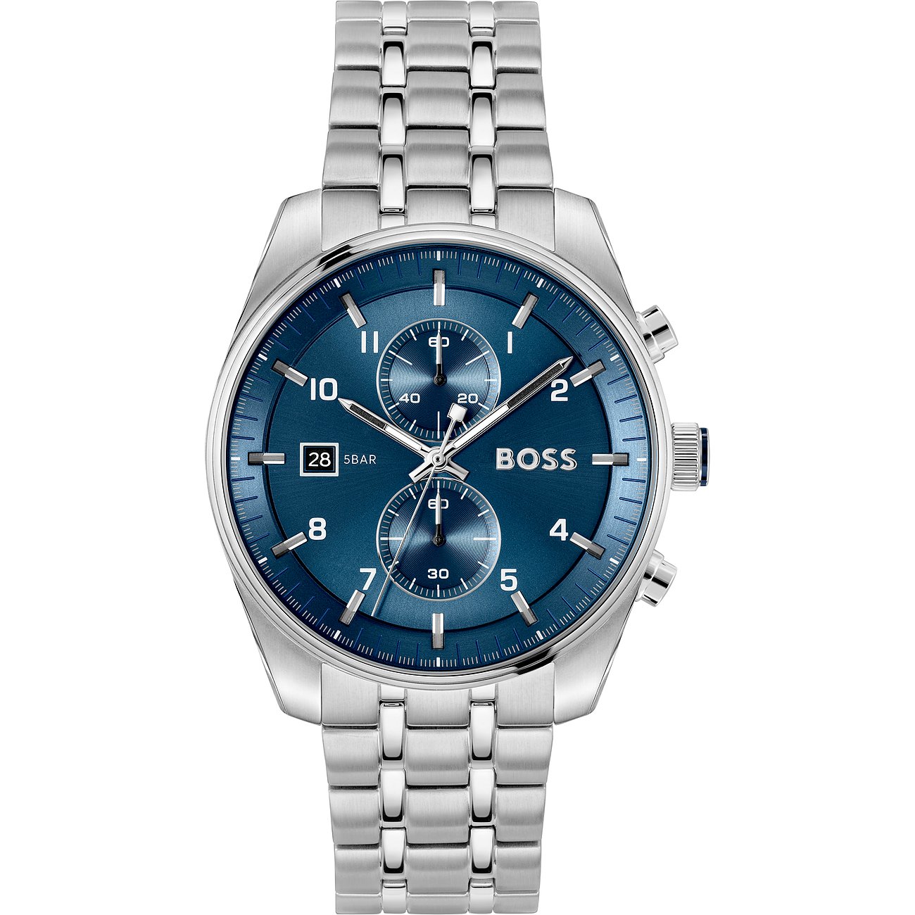 Boss Herrenuhr aus silberfarbenem Edelstahl mit Chronograph und blauem Zifferblatt von vorne.