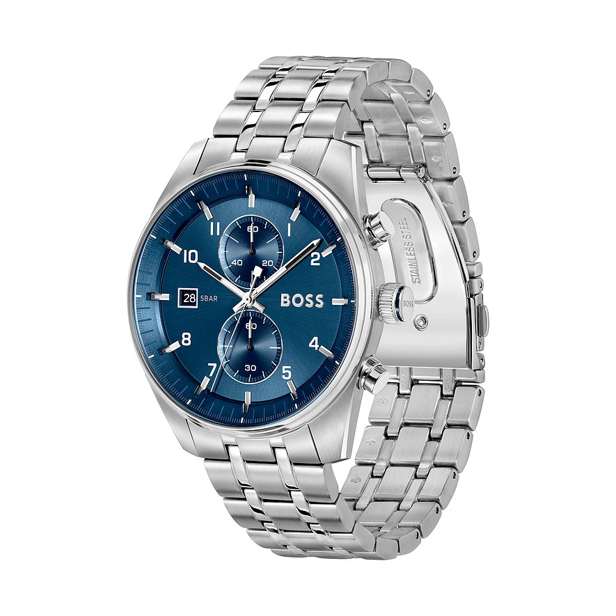 Eine Boss Herrenuhr aus silberfarbenem Edelstahl mit Chronograph und einem blauen Zifferblatt.