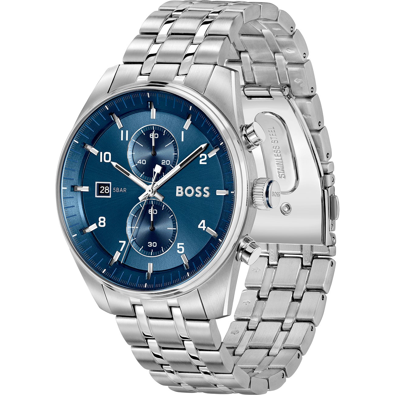 Eine Boss Herrenuhr aus silberfarbenem Edelstahl mit Chronograph und einem blauen Zifferblatt.