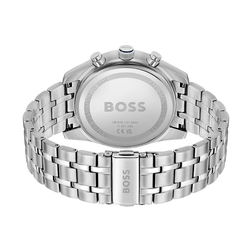 Rückansicht der Boss Herrenuhr aus Edelstahl mit gravierten Details und dem Boss-Logo auf der Schließe.