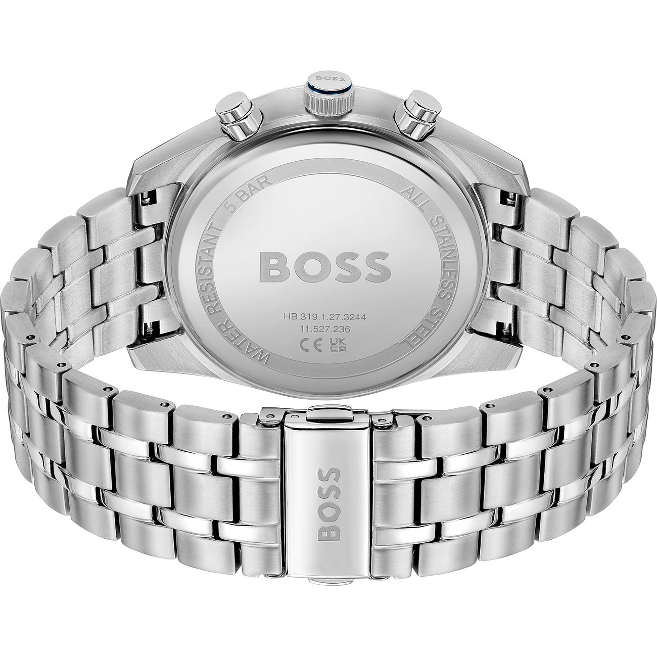 Rückansicht der Boss Herrenuhr aus Edelstahl mit gravierten Details und dem Boss-Logo auf der Schließe.