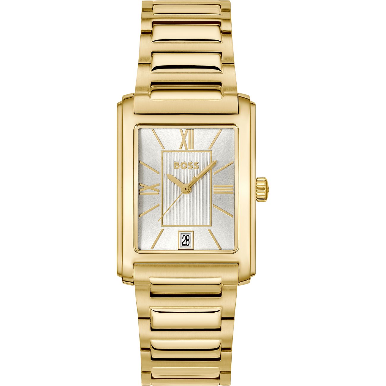 Boss Herrenuhr aus goldfarbenem Edelstahl mit eckigem Gehäuse und hellem Zifferblatt mit Datumsanzeige.
