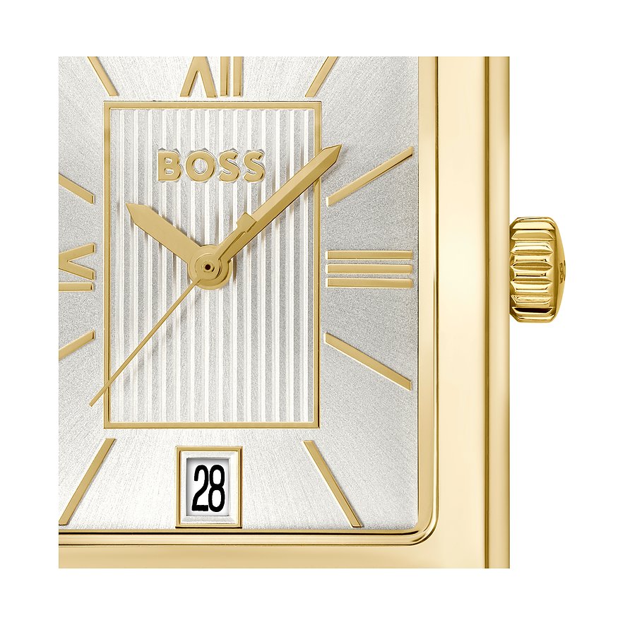 Nahaufnahme der Boss Herrenuhr aus goldfarbenem Edelstahl mit silbernem Zifferblatt und Datumsanzeige.