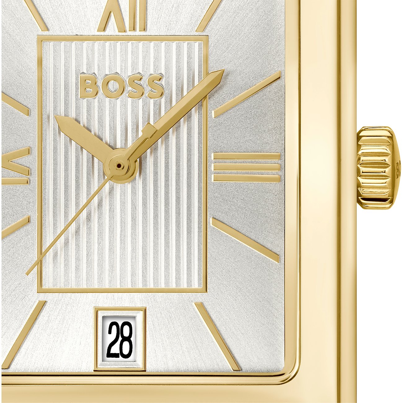 Nahaufnahme der Boss Herrenuhr aus goldfarbenem Edelstahl mit silbernem Zifferblatt und Datumsanzeige.