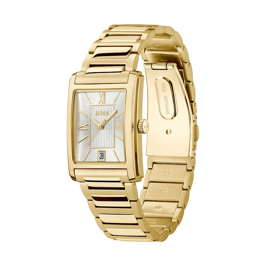 Die rechteckige Boss Herrenuhr aus goldfarbenem Edelstahl hat ein helles Zifferblatt mit Datumsanzeige und römischen Ziffern.