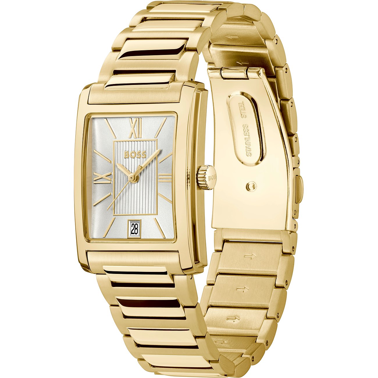 Die rechteckige Boss Herrenuhr aus goldfarbenem Edelstahl hat ein helles Zifferblatt mit Datumsanzeige und römischen Ziffern.