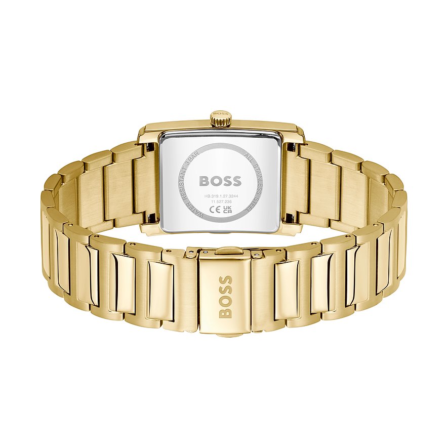 Rückseite einer goldenen BOSS Herrenuhr aus Edelstahl, zeigt das Zifferblatt mit dem BOSS-Logo und Produktdetails.