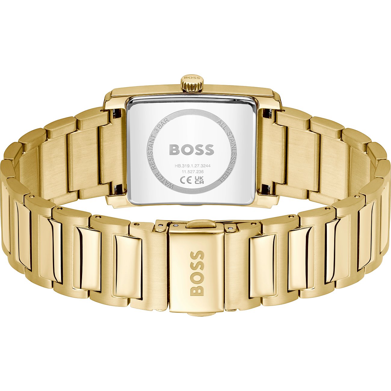 Rückseite einer goldenen BOSS Herrenuhr aus Edelstahl, zeigt das Zifferblatt mit dem BOSS-Logo und Produktdetails.
