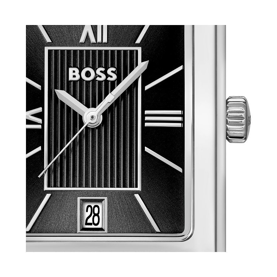 Nahaufnahme des schwarzen Zifferblatts einer Herrenuhr von Boss aus Edelstahl mit Datumsanzeige und silbernen Zeigern.