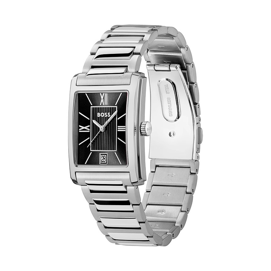 Boss Herrenuhr aus blauem Edelstahl mit rechteckigem Zifferblatt und silbernen römischen Ziffern.