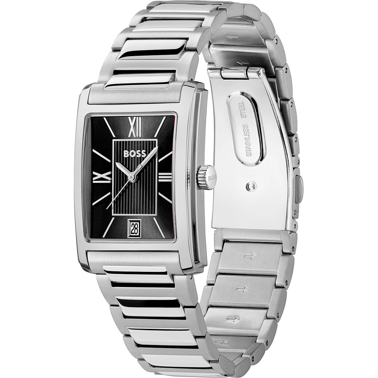 Boss Herrenuhr aus blauem Edelstahl mit rechteckigem Zifferblatt und silbernen römischen Ziffern.