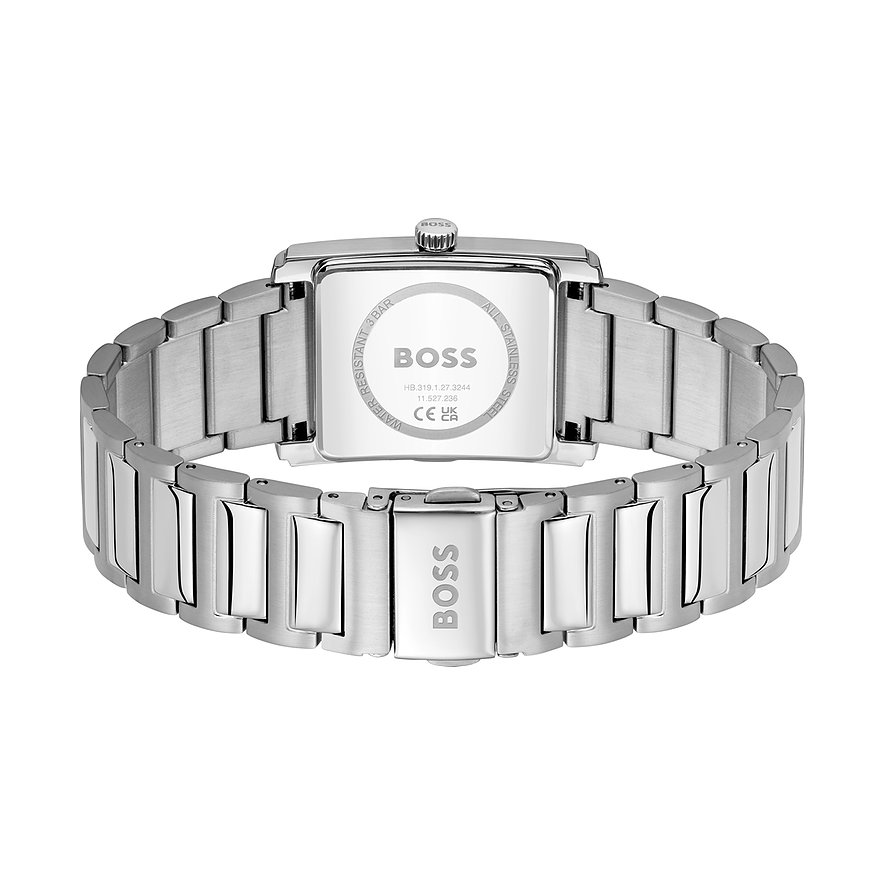 Die Rückseite einer Boss Herrenuhr aus silberfarbenem Edelstahl ist zu sehen. Eine BOSS-Gravur ist auf dem Armband.