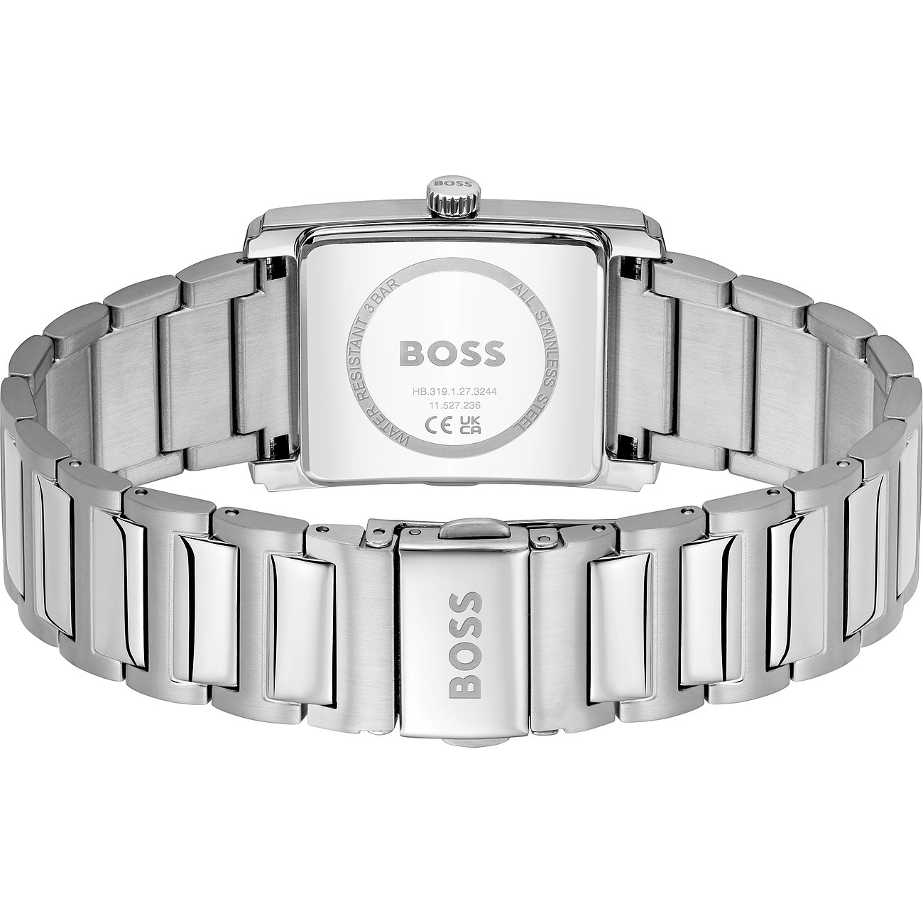 Die Rückseite einer Boss Herrenuhr aus silberfarbenem Edelstahl ist zu sehen. Eine BOSS-Gravur ist auf dem Armband.