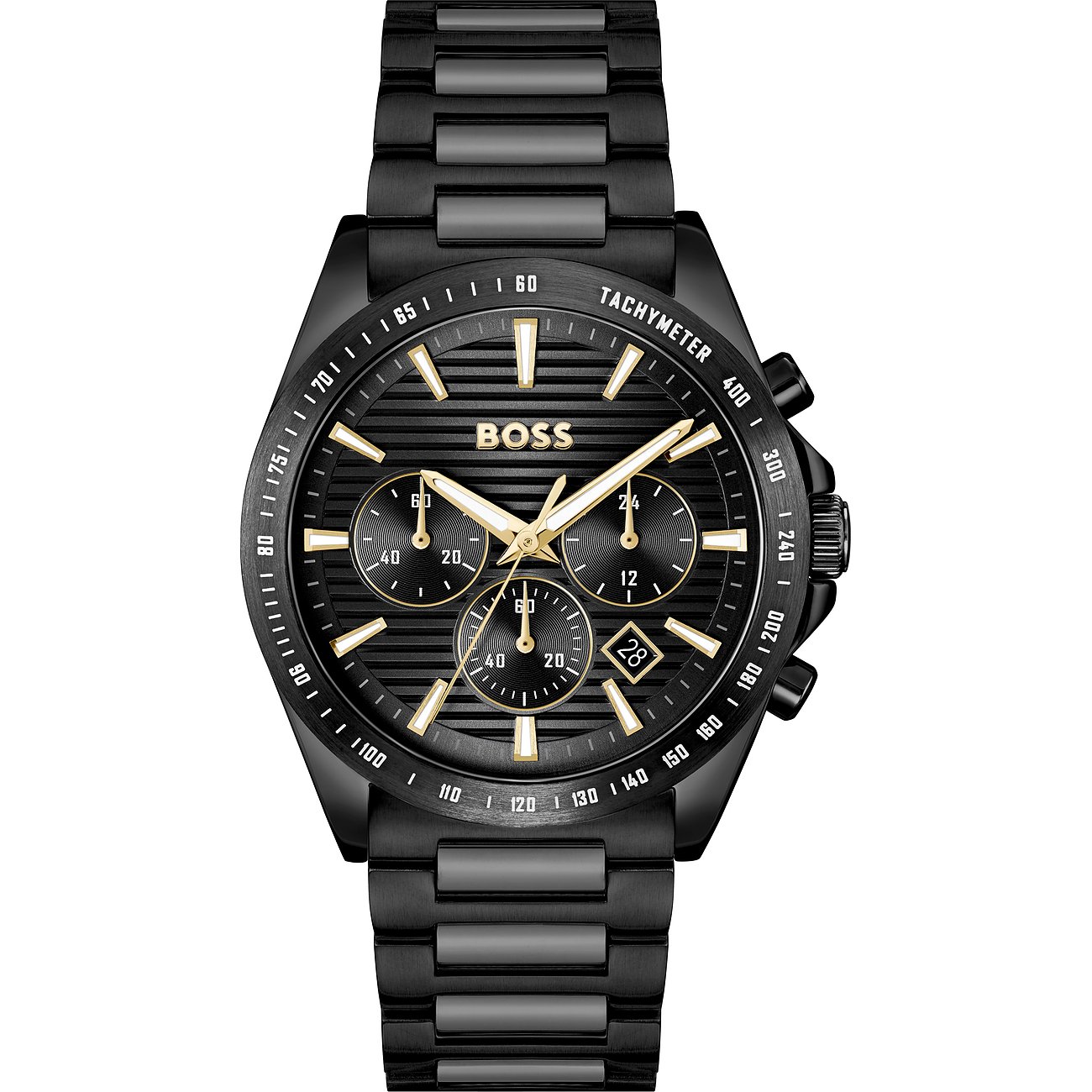 Eine schwarze Boss Herrenuhr aus Edelstahl mit goldenen Akzenten und drei Chronographen-Zifferblättern.