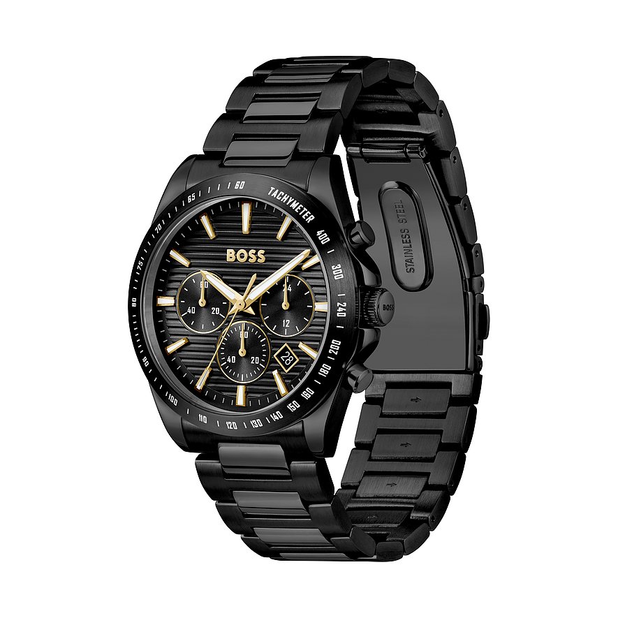 Eine schwarze Boss Herrenuhr aus Edelstahl mit goldenen Akzenten und drei Chronographen-Zifferblättern.