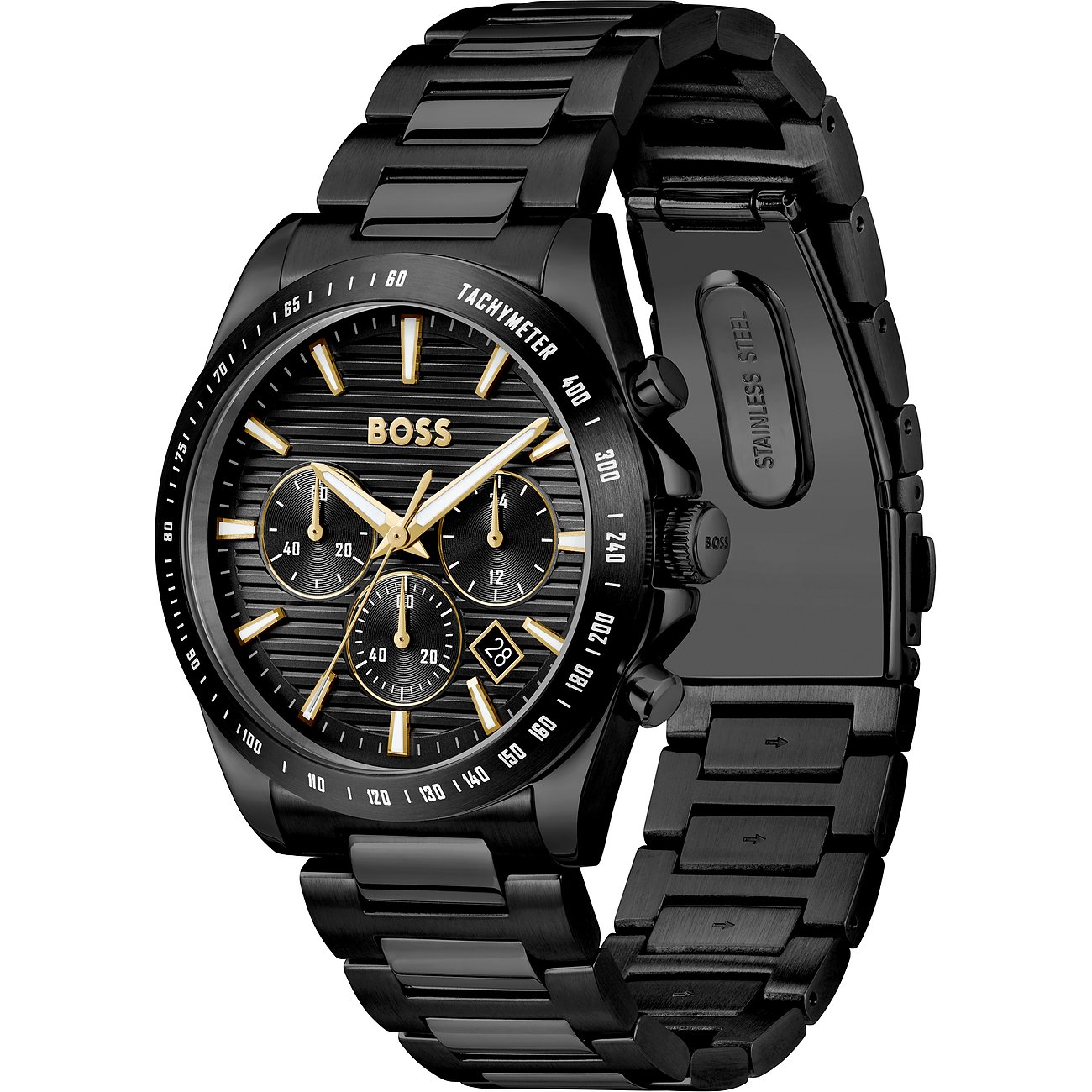 Eine schwarze Boss Herrenuhr aus Edelstahl mit goldenen Akzenten und drei Chronographen-Zifferblättern.