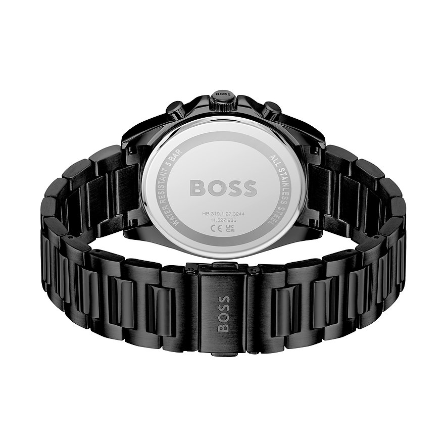 Rückansicht der schwarzen Boss Herrenuhr aus Edelstahl mit BOSS Logo und eingravierten Details.