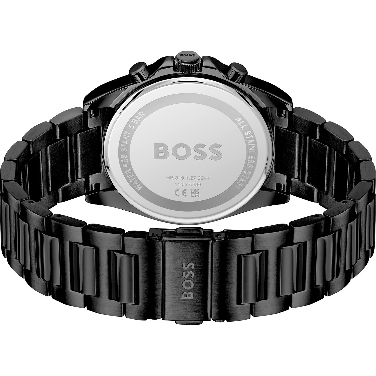 Rückansicht der schwarzen Boss Herrenuhr aus Edelstahl mit BOSS Logo und eingravierten Details.
