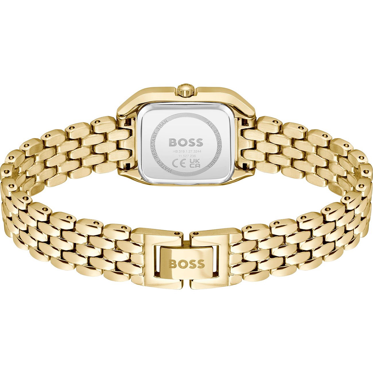 Rückseite einer vergoldeten Boss Damenuhr aus Edelstahl mit rechteckigem Gehäuse und Gliederarmband.