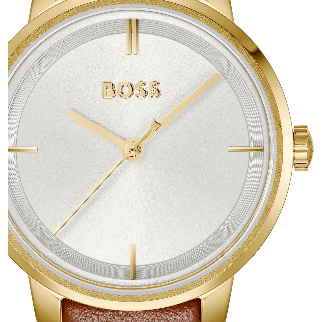 Close-up van een Boss dameshorloge van goudkleurig roestvrij staal met een witte wijzerplaat en gouden wijzers.