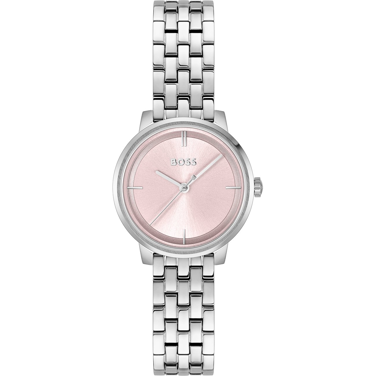 Eine Boss Damenuhr aus Edelstahl mit rosafarbenem Zifferblatt und silbernem Gliederarmband.
