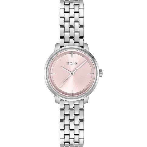 Eine Boss Damenuhr aus Edelstahl mit rosafarbenem Zifferblatt und silbernem Gliederarmband.