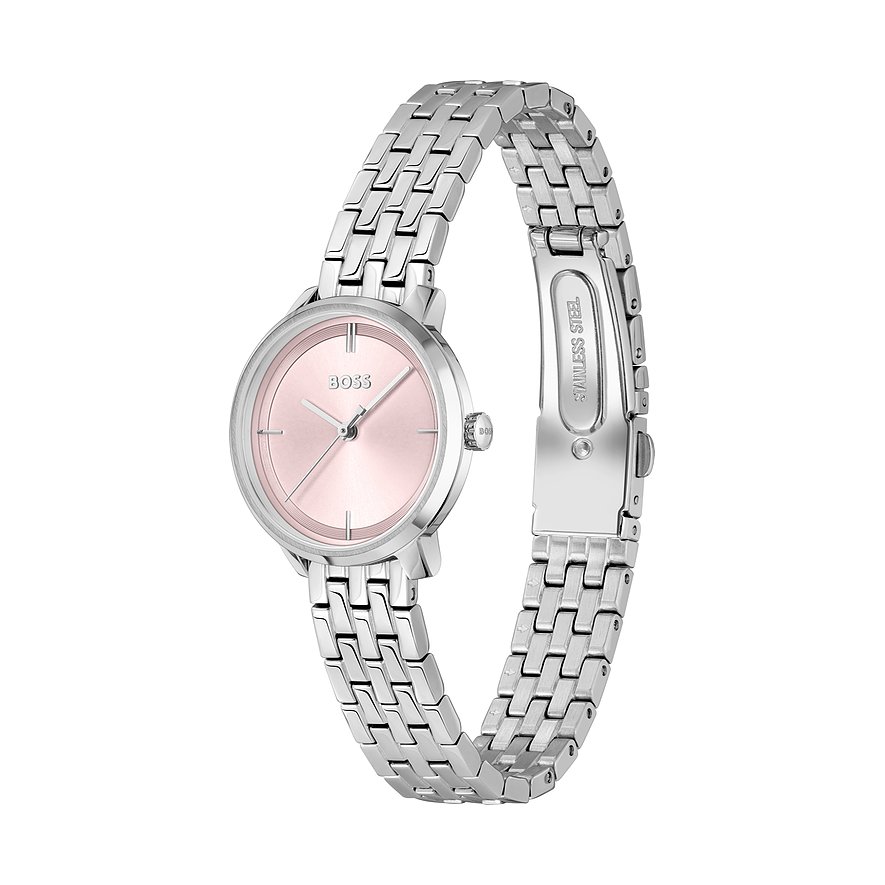 Boss Damenuhr aus Edelstahl mit einem runden Gehäuse und einem rosafarbenen Zifferblatt, von oben mittig aufgenommen.