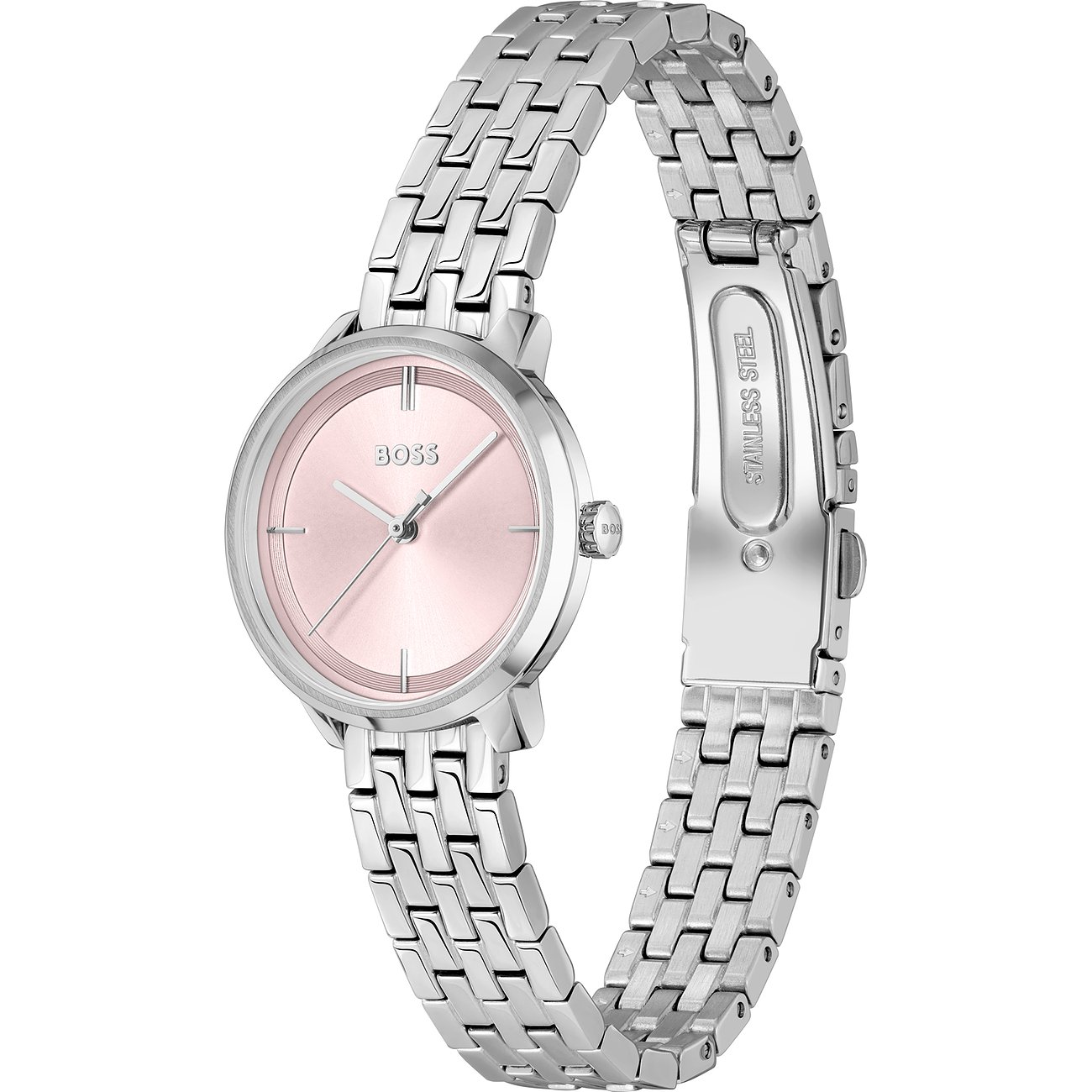Boss Damenuhr aus Edelstahl mit einem runden Gehäuse und einem rosafarbenen Zifferblatt, von oben mittig aufgenommen.