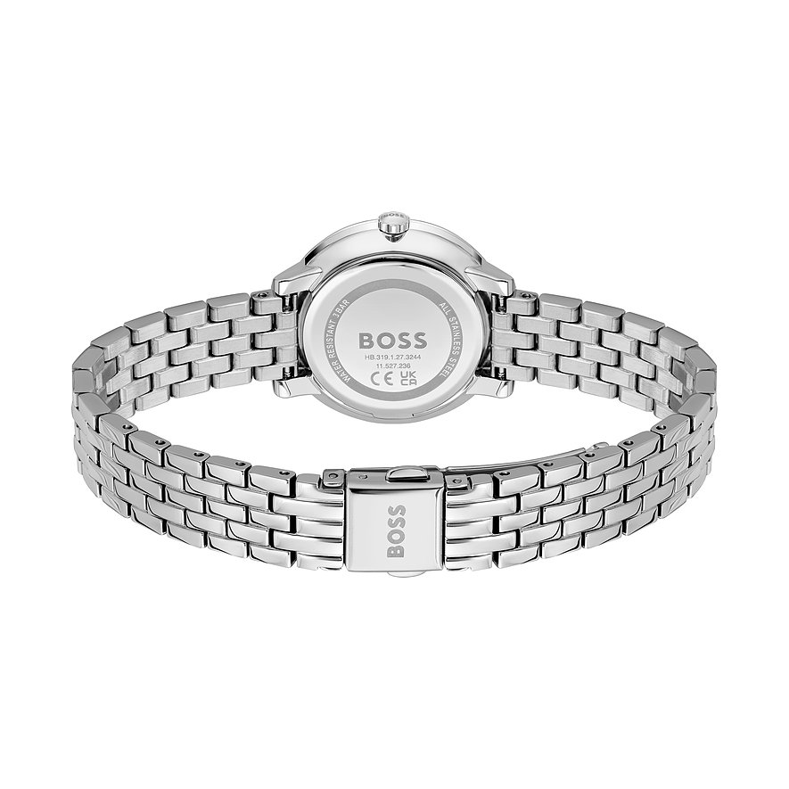 Rückansicht der silberfarbenen Boss Damenuhr aus Edelstahl mit verschlossenem Armband und graviertem Gehäuseboden.
