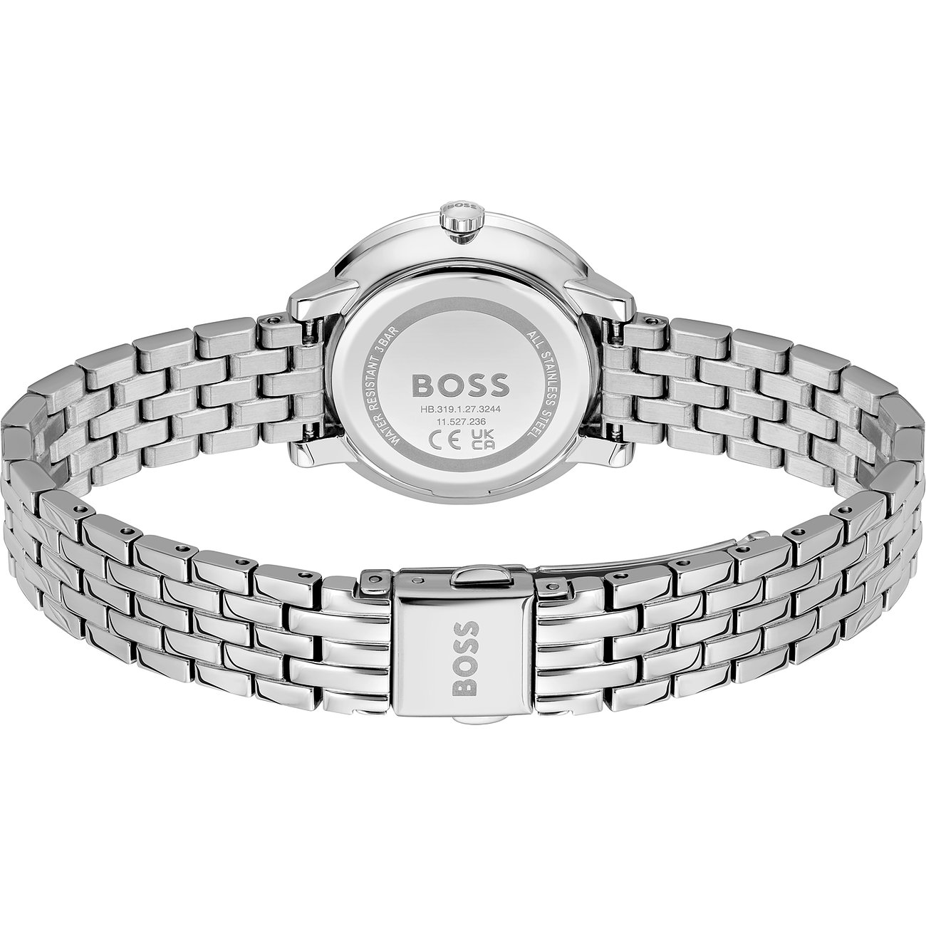 Rückansicht der silberfarbenen Boss Damenuhr aus Edelstahl mit verschlossenem Armband und graviertem Gehäuseboden.