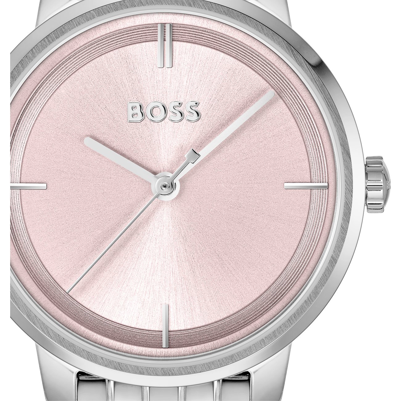 Nahaufnahme einer Boss Damenuhr aus Edelstahl mit rosafarbenem Zifferblatt und glänzender Oberfläche.