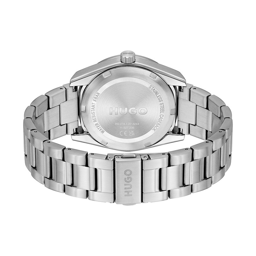 Rückansicht der Hugo Herrenuhr aus Edelstahl mit Markenlogo und eingravierten Details auf dem Gehäuseboden.