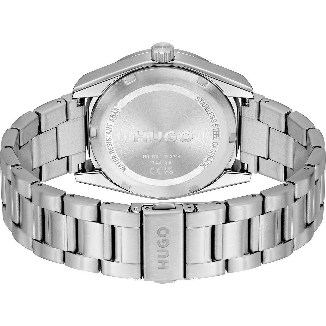 Rückansicht der Hugo Herrenuhr aus Edelstahl mit Markenlogo und eingravierten Details auf dem Gehäuseboden.