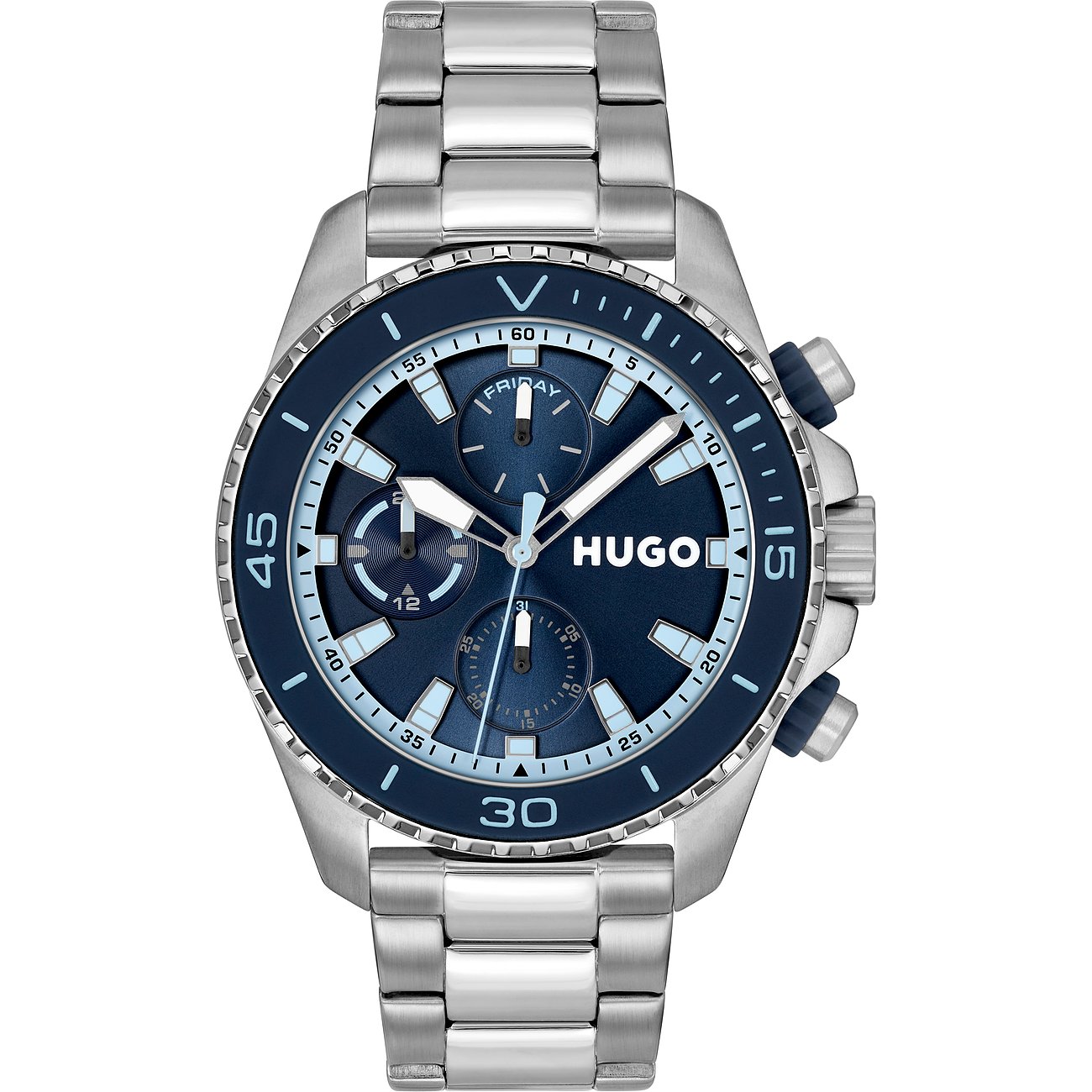 Hugo herenhorloge van roestvrij staal met marineblauwe wijzerplaat en chronograaffuncties, vooraanzicht op witte achtergrond.