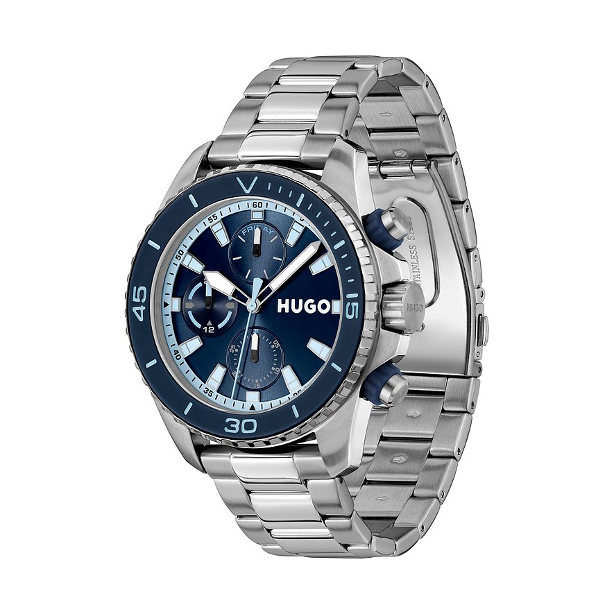 Hugo herenhorloge van blauw roestvrij staal met chronograaf, zilverkleurige kast en schakelarmband.