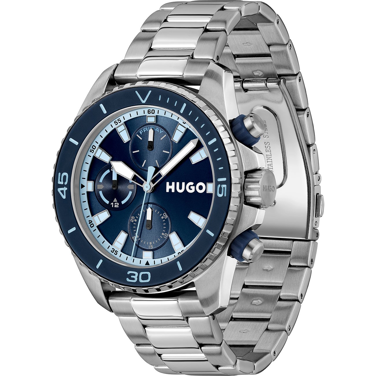 Hugo herenhorloge van blauw roestvrij staal met chronograaf, zilverkleurige kast en schakelarmband.