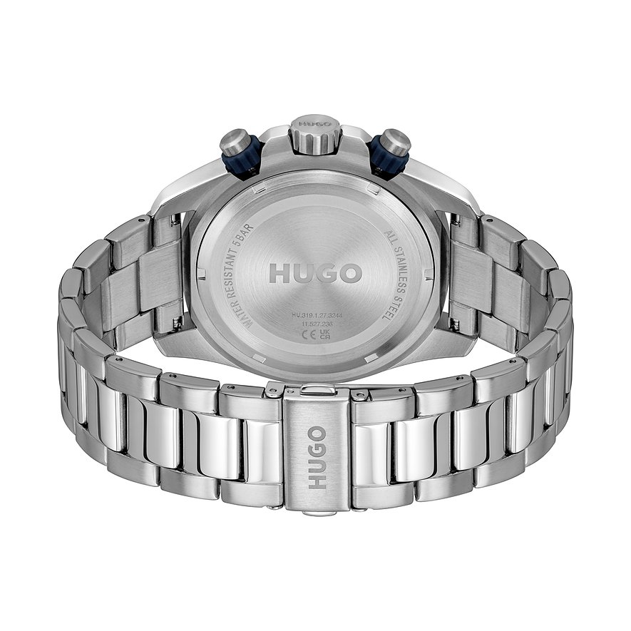 Achterkant van een Hugo herenhorloge van roestvrij staal met gegraveerd Hugo-logo en technische details.