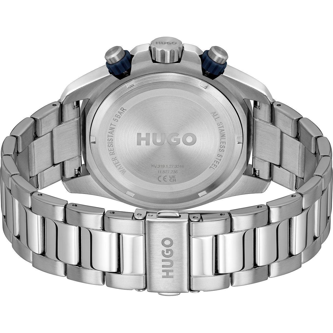 Achterkant van een Hugo herenhorloge van roestvrij staal met gegraveerd Hugo-logo en technische details.