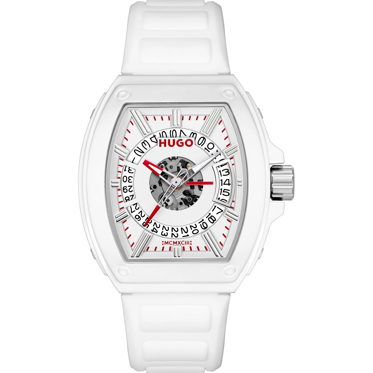 Hugo herenhorloge, wit roestvrij staal, witte wijzerplaat, rode accenten, datumfunctie en open uurwerk.