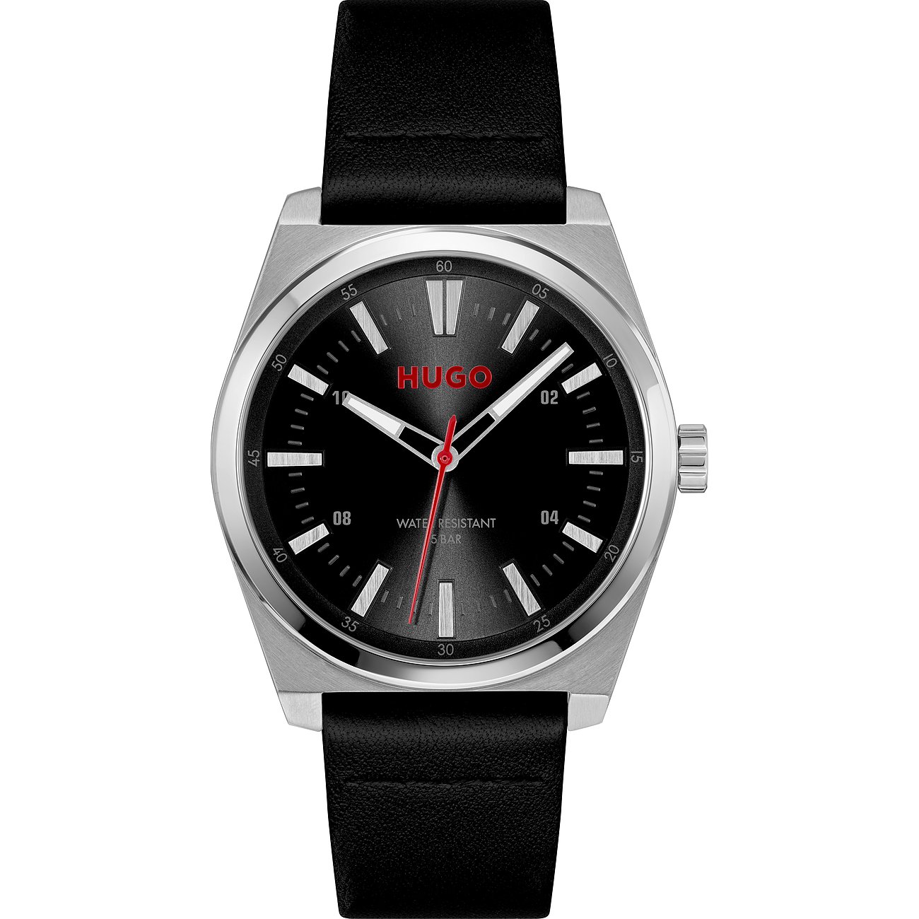 Hugo Herrenuhr aus Edelstahl mit schwarzem Zifferblatt und Lederarmband, rote Akzente setzen Kontraste.